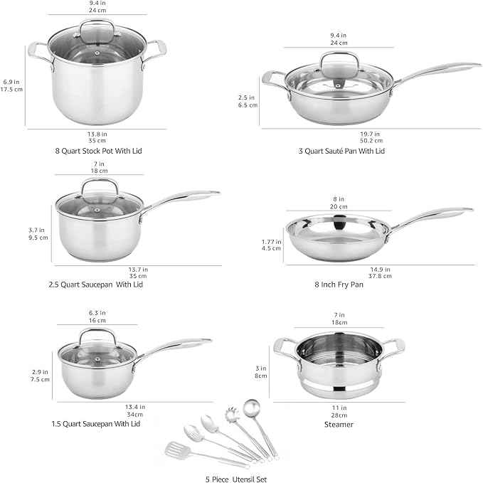 Amazon Basics Stainless Steel Cookware 15-Piece Set, Oven Safe, Induction-Ready, Even Heating, Easy to Clean, Stay-Cool Handles, Pots and Pans, Silver