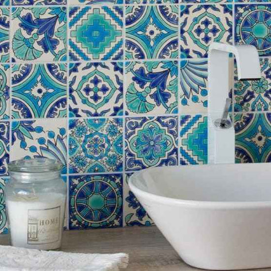 DYARI Set of 9 Decorative Ceramic Tiles – Hand Painted Indoor & Outdoor – Artisan Top Kitchen – Mediterranean Decorative 4x4 / One Tile Durable Colorful (Turquoise & Blue, Sample (1 Tile 4x4))
