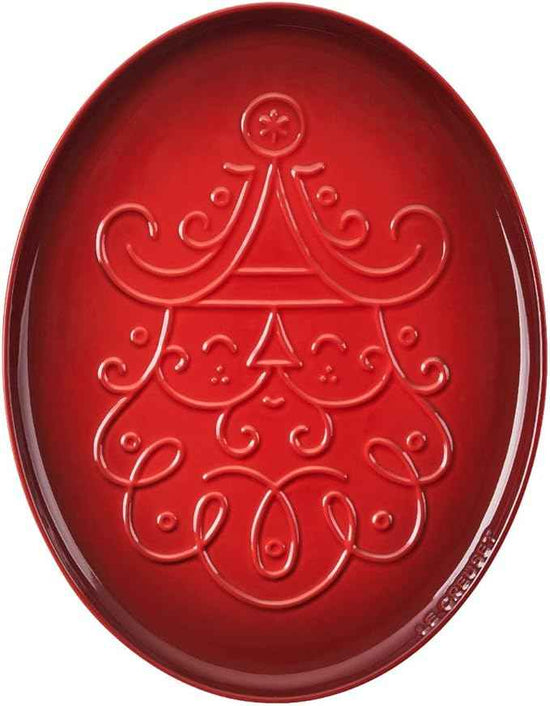 Le Creuset Stoneware Noel Collection: Oval Santa Cookie Platter, 14 oz., Cerise w/Embossed Design