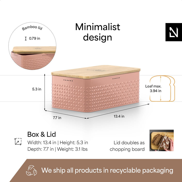 Bread Box I Metal Box with linen bag for long lasting freshness I Bread Bin with bamboo lid usable as cutting board I 13.4x7.3x5.3In