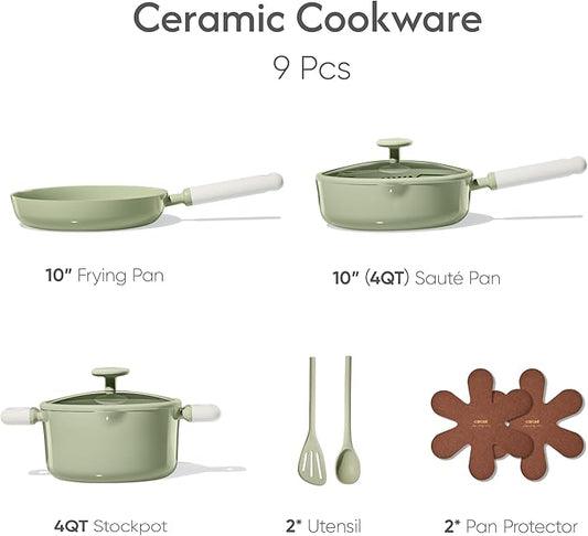 CAROTE Pots and Pans Set Nonstick, Ceramic Cookware Set, Green Cooking Set Kitchen Induction Set with Steamer, PFAS PTFE Free,9 Piece