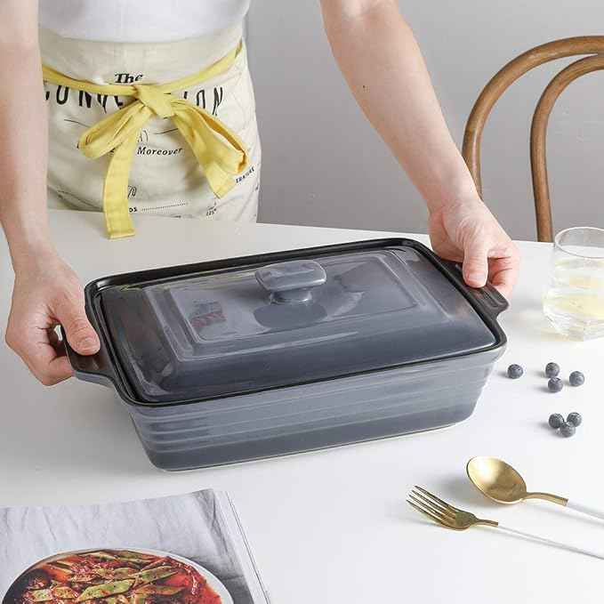 KOOV Ceramic Casserole Dish With Lid, Covered Rectangular Set, Lasagna Pan for Cooking, Baking Dish for Dinner, Kitchen, 9 x 13 Inches, Reactive Glaze (Gradient Grey)