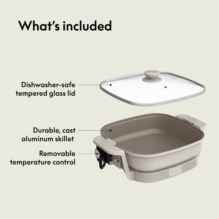 bella Make & Take Electric Skillet, Fits-anywhere™ kitchenware, EverGood™ Ceramic Coating, Adjustable Temperature & Dishwasher-Safe Tempered Glass Lid, Cast Aluminum Base, 1200 Watt, Oatmilk