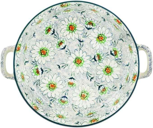 Polmedia Polish Pottery Round Baker with Handles 10-inch UNIKAT - Sea Of Daisies Pattern Handmade in Boleslawiec Poland by Ceramika Artystyczna + Certificate of Authenticity