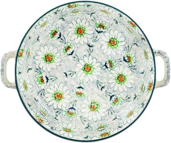 Polmedia Polish Pottery Round Baker with Handles 10-inch UNIKAT - Sea Of Daisies Pattern Handmade in Boleslawiec Poland by Ceramika Artystyczna + Certificate of Authenticity