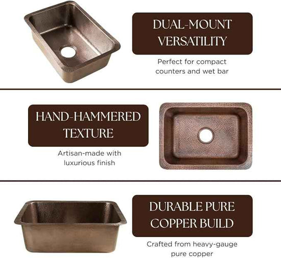 Monarch Abode Kitchen & Bar Sink – 21-inch Milan Dual Mount Drop in Kitchen Sink, Hand Hammered Pure Copper Sinks, Drop in Bar Sinks or Undermount, Deep Single Rectangular Bowl