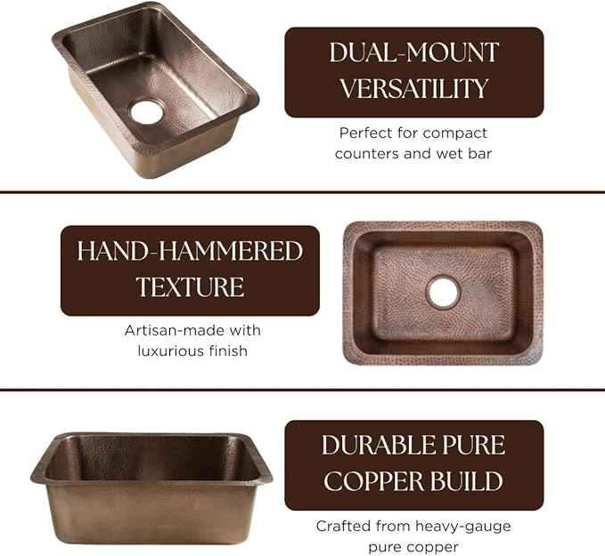 Monarch Abode Kitchen & Bar Sink – 21-inch Milan Dual Mount Drop in Kitchen Sink, Hand Hammered Pure Copper Sinks, Drop in Bar Sinks or Undermount, Deep Single Rectangular Bowl