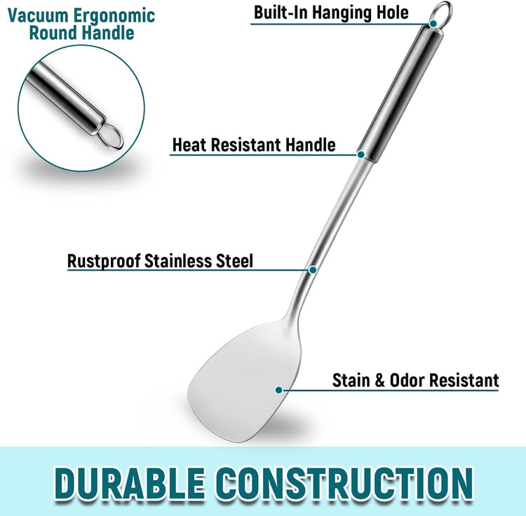 Pleafind 2-Pcs Solid & Slotted Spatula Set, 304 Stainless Steel Spatula, Metal Spatulas, Wok Utensils, Cooking Utensils, Wok Spatulas for Home, Kitchen and Restaurant, Dishwasher Safe