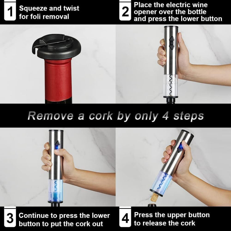 5-in-1 Electric Wine Opener Gift Set Stainless Steel Electric Wine Bottle Opener Battery Operated Corkscrew with Foil Cutter, Wine Pour, Wine Stopper and Storage Base, Silver