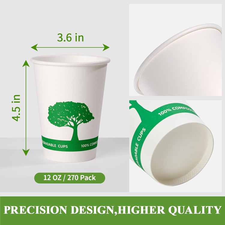 Vplus 270 Pack Compostable Paper Cups, 12 oz Biodegradable Disposable Paper Coffee Cups, Eco-friendly Hot Drinking Cups for Party, Picnic,Travel,and Events