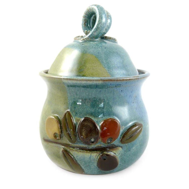 American Made Stoneware Pottery Garlic Keeper Jar with Olive Motif