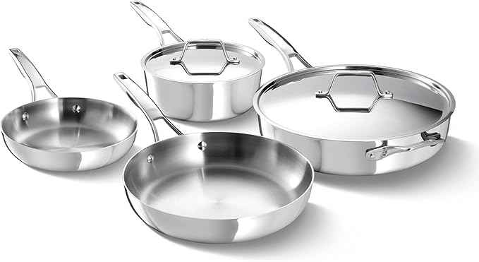 Calphalon Premier Polished 5-Ply Stainless Steel Cookware Set w/Turbo Heat Tech 6 Piece Includes Frying Pans, Pots and Pans Set, Induction, Oven Safe 500F, PFOA Free, Polished Stainless Silver