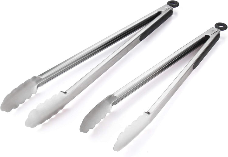 304 Stainless Steel Kitchen Cooking Tongs, 14" and 16" Set of 2 Sturdy Grilling Barbeque Brushed Locking Food Tongs with Ergonomic Grip, Black