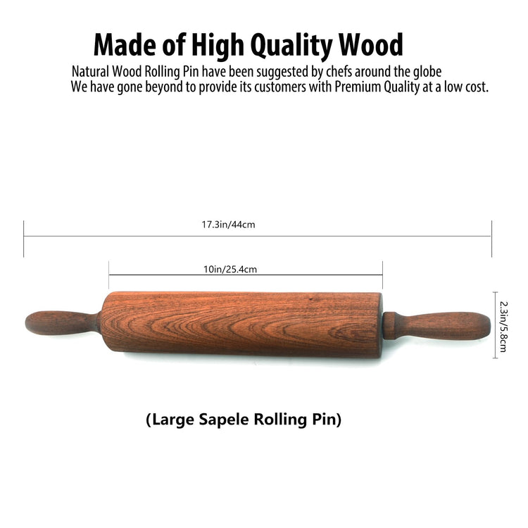 Classic Sapele Wooden Rolling Pin With Handles Large17.3"L x 2.3"W