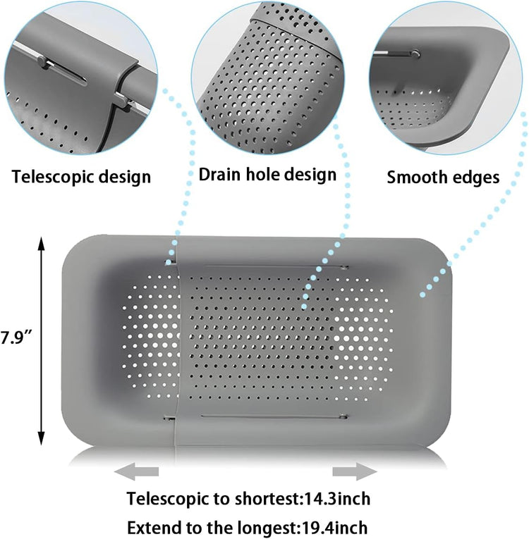 Collapsible Sink Colanders and Strainers Basket Over the Sink Colander Collapsible Colander Extendable Plastic Fruit Vegetable Strainer Drainer Basket for Kitchen (Length 14.3 inch-19.4 inch) (Gray)