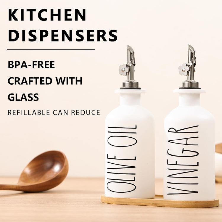 HOMCDALY Premium Olive Oil Dispenser for Kitchen, 11.8oz Glass Oil Bottles with Bamboo Tray, White Oil&Vinegar Cruet Set, Kitchen Dispenser Bottles with Pourer| Set of 2 (11.8oz –P–White)