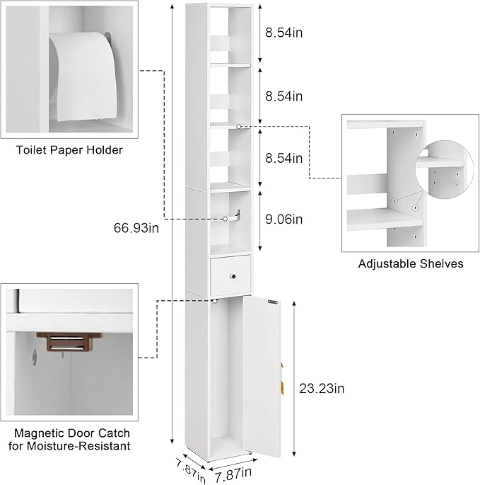 VECELO Storage Cabinet, 67" Tall Narrow Bathroom Cabinet with 3 Adjustable Shelves, Toilet Paper Holder, Magnetic Door & Drawer, for Small Spaces, Pearl White