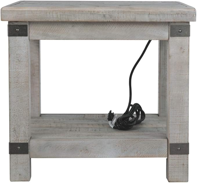Signature Design by Ashley Carynhurst Farmhouse Rectangular End Table with Lower Shelf, 2 Electrical Outlets and 2 USB Ports, Wood, 24" High, Light Gray
