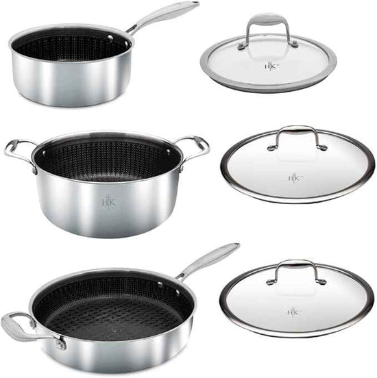 Hell’s Kitchen Hybrid Cookware 6 Piece Pot Set, 11 In Fry Pan, 4 Qt Sauté Pan, 7.5 Qt Pot, 2 Tempered Glass Lids, Nonstick, Scratch-Resistant, Dishwasher Safe, Multi-Cooktop Oven-Safe