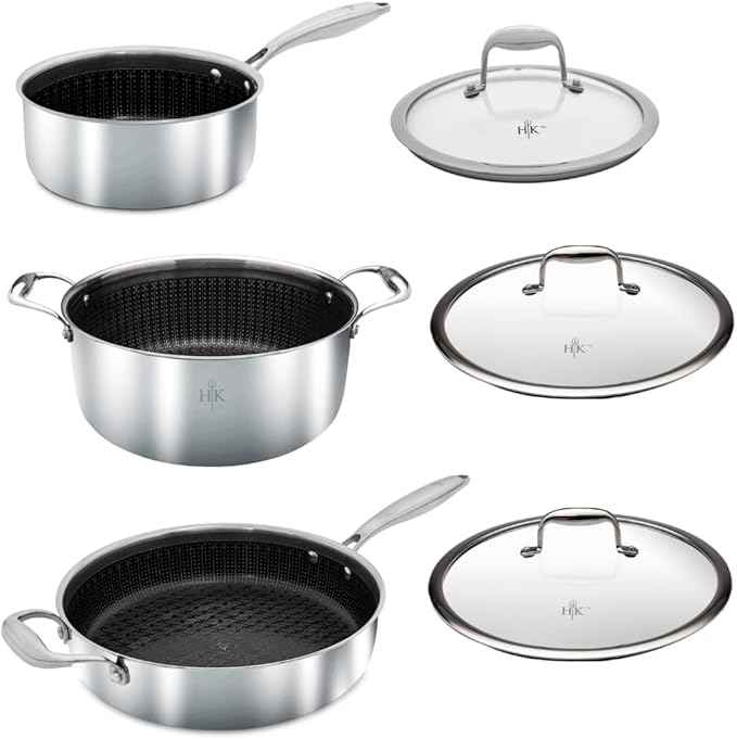 Hell’s Kitchen Hybrid Cookware 6 Piece Pot Set, 11 In Fry Pan, 4 Qt Sauté Pan, 7.5 Qt Pot, 2 Tempered Glass Lids, Nonstick, Scratch-Resistant, Dishwasher Safe, Multi-Cooktop Oven-Safe