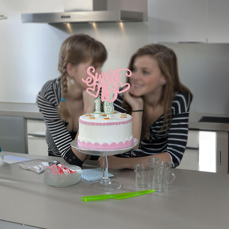 1Pc Sweet Teenager 16 Cake Topper Glitter 16th Birthday Cake Pick for Cheers to 16 Years Old 16th Birthday Party Cake Decorations Supplies Pink