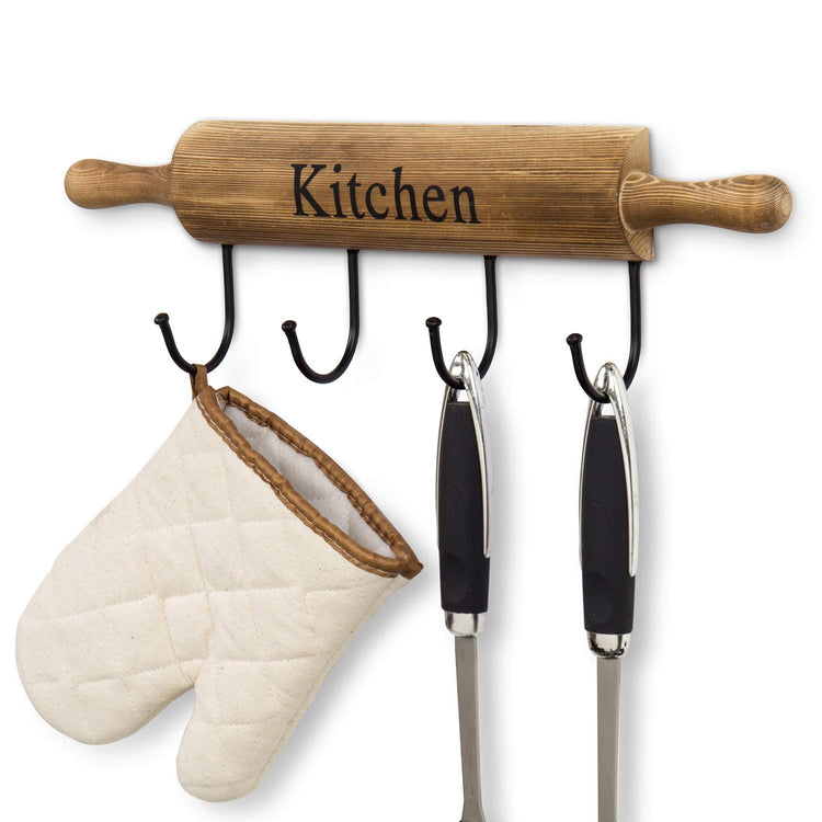 Rustic Burnt Brown Wood Kitchen Hooks for Hanging Cooking Utensils