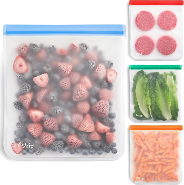re) zip Gallon Reusable Bags – BPA-Free, Leak-Proof, 100% Food-Safe PEVA Reusable Gallon Bags for Food Storage, Meal Prep, and Freezer Use, Holds 16 Cups / 128 Fl Oz | 4-Pack (Multi Color) (4 Count)