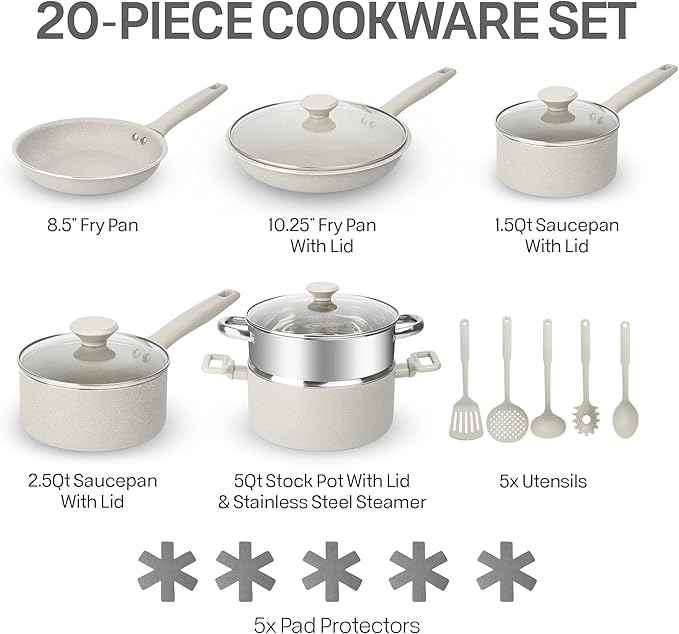 Granitestone 20 Pc Pots and Pans Set Non Stick Cookware Set with Steamer, Cooking Utensils and Pad Protectors, Stay Cool Handles, Oven and Dishwasher Safe