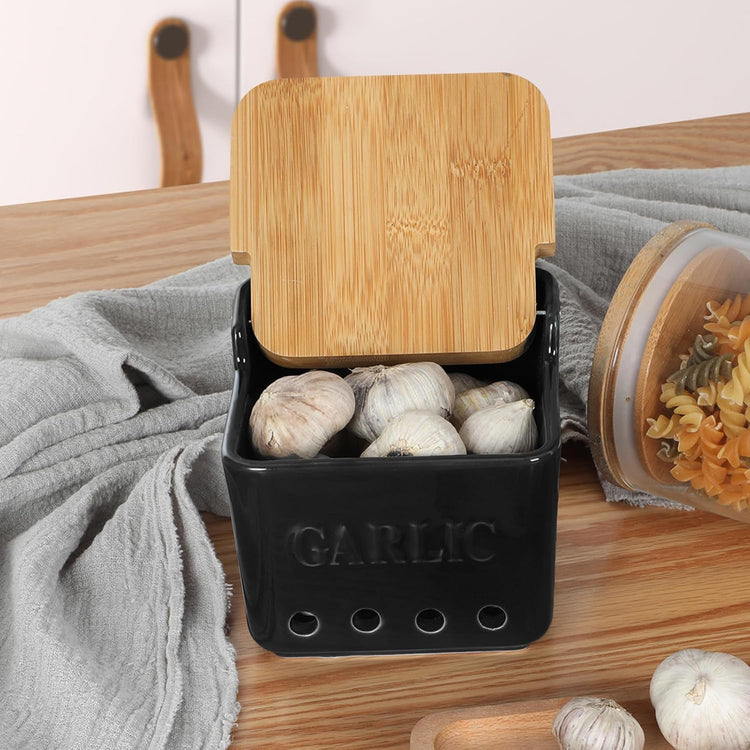 ONTUBE Garlic Keeper with Lid, Ceramic Garlic Holder Storage, Garlic Container for Kitchen, Garlic Saver to Keep Your Garlic Cloves Fresh Longer 4.7-Inch, Black