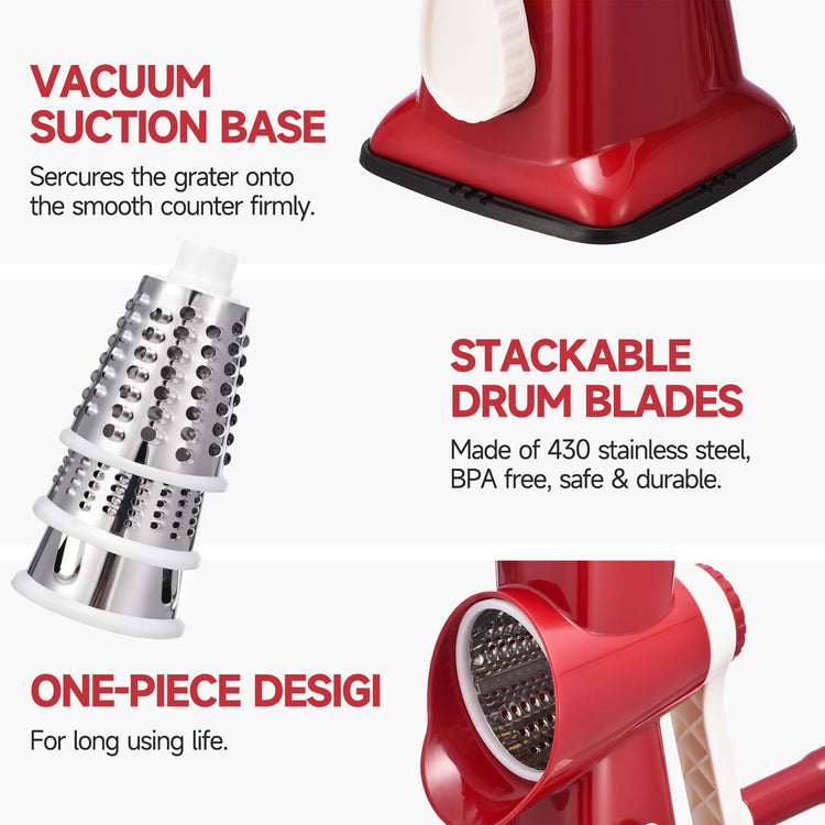 Rotary Cheese Grater with Handle Kitchen Shredder Slicer Grater Slicer Ice Shaver Cheese Vegetable Nuts Potato Zucchini Chocolate 3 Interchangeable Blades