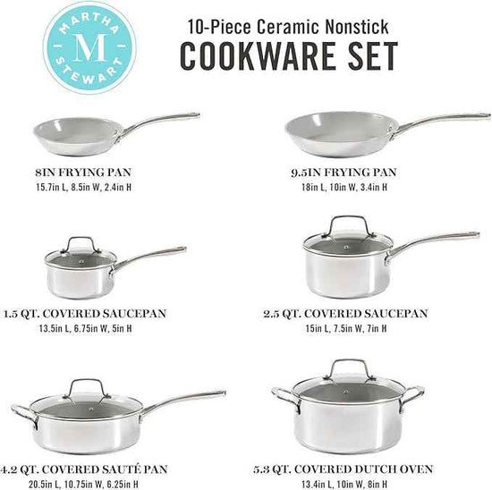 Martha Stewart Delaroux 10 Piece Stainless Steel Pots and Pans Kitchen Cookware Set w/PFAs Free Premium Nonstick Ceramic Interior