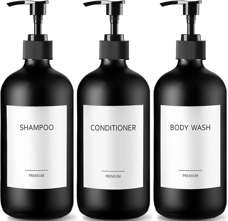 GMISUN Black Shampoo and Conditioner Dispenser, Shower Soap Dispenser Bottles with Labels, Refillable Shampoo Conditioner Body Wash Dispensers, Glass Soap Pump Dispenser Set for Bathroom Shower
