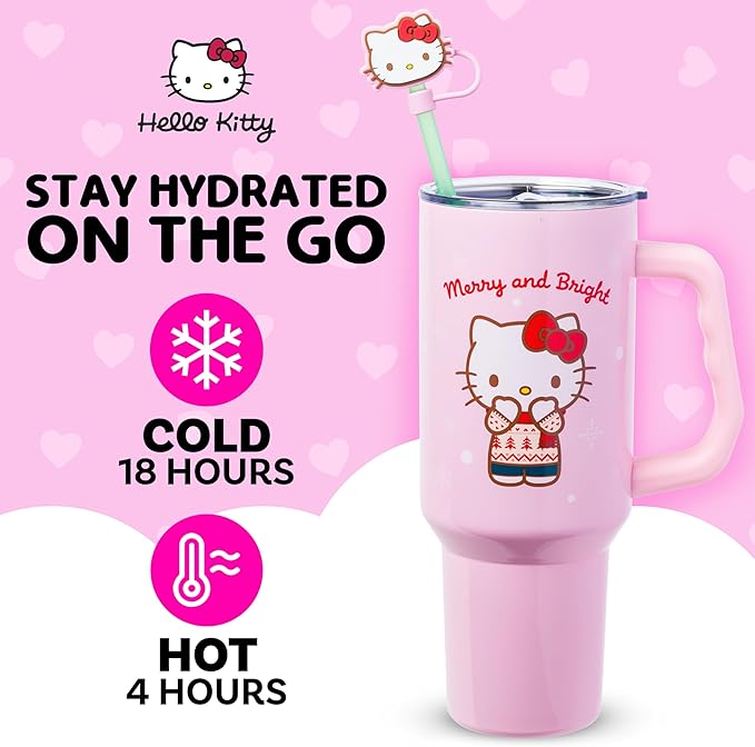 Silver Buffalo Sanrio Hello Kitty Christmas Holiday Sweater Merry and Bright Double Walled Stainless Steel Tumbler with Handle, Straw, and Straw Cap, Fits in Standard Cup Holder, 40 Ounces