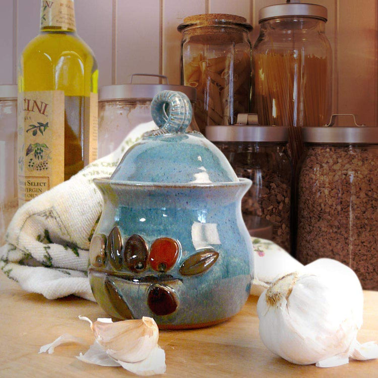 American Made Stoneware Pottery Garlic Keeper Jar with Olive Motif
