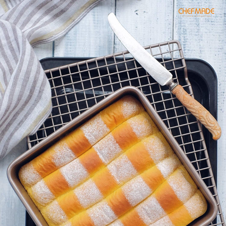 CHEFMADE Square Cake Pan, 8-Inch Deep Dish with Removable Loose Bottom Non-Stick Square Bakeware for Oven Baking (Champagne Gold)