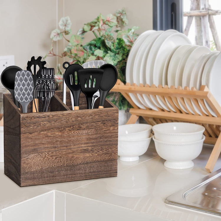 Wooden Kitchen Utensil Caddy With 2 Compartments