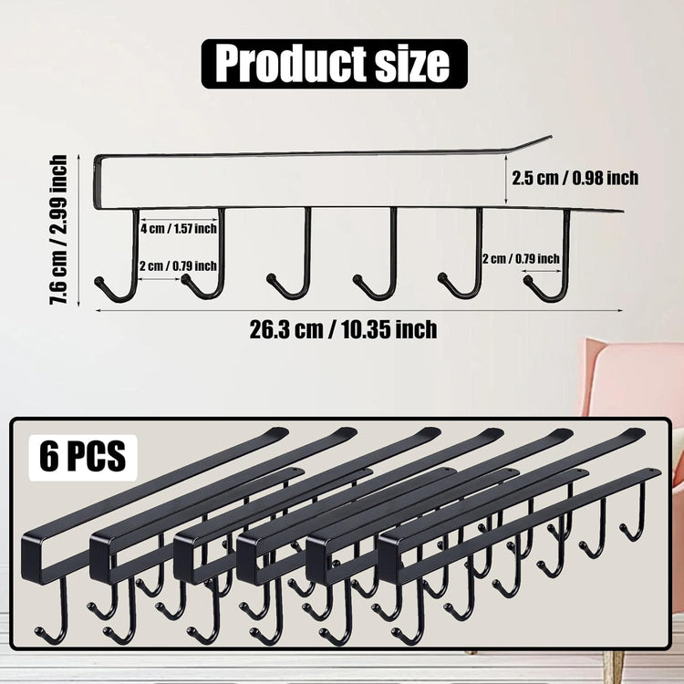 6PCS Mug Hooks Under Cabinet,Mug Holder Under Shelf,Coffee Cups Holder Hanger with 6 Hooks for Kitchen Utensils,Fit for 0.95 inch Thickness or Less,Drilling Free (Black)