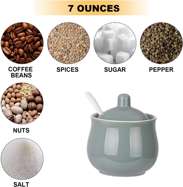 Ceramic Sugar Bowl with Lid and Spoon, Grey Porcelain Sugar Salt Pepper Storage Jar, 8 Ounces