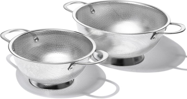 Premium Stainless Steel Colander for Kitchen, Food Strainer Basket with Handle and Solid Ring Base for Fruits Vegetables Rice and Pasta, Dishwasher Safe (3QT+5QT)