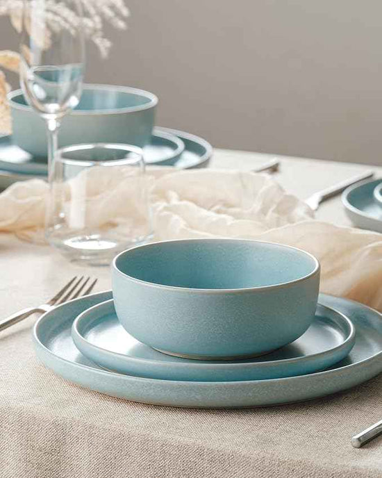 Famiware Milkyway Plates and Bowls Sets, 12 Pieces Dinnerware Sets, Reactive Glaze Dish Set, Stoneware Dishes Set for 4, Light Blue
