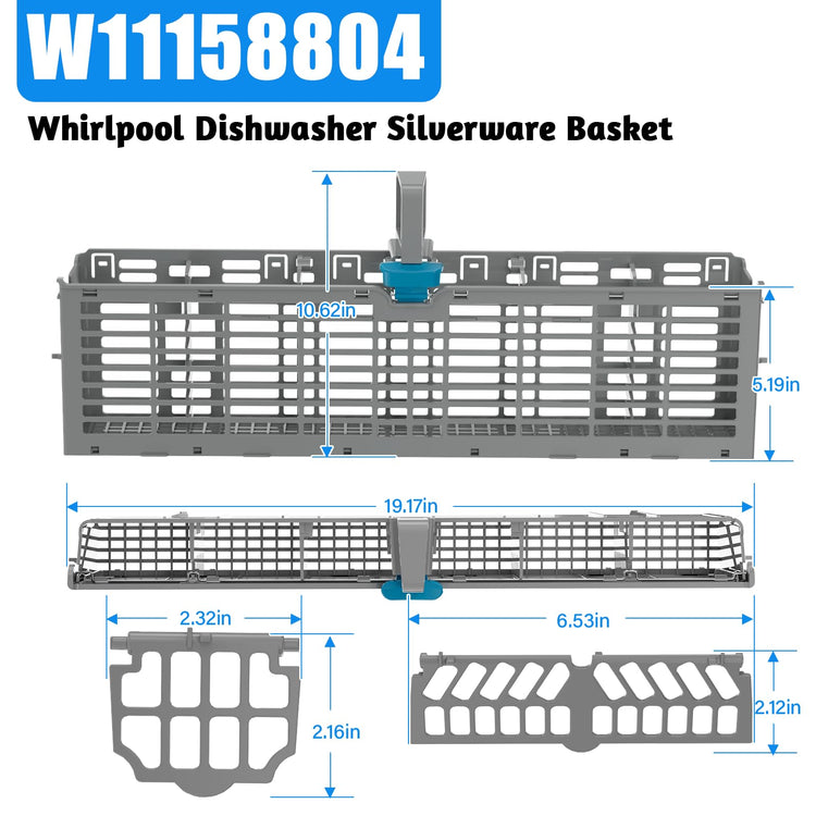 2 PACK] UPGRADED W11158804 Dishwasher Silverware Basket Compatible with Whirlpool Dishwasher Utensil Basket Silverware Holder for Dishwasher Parts Cutlery Basket Caddy W10629540 WP8562061 W10350340 (2 Count)