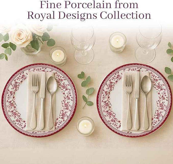 TUDOR Royal Collection 12-Piece Round Porcelain Dinnerware Set, Service for 4 with Dinner Plates, Bowls, and Salad Plates, Aster Pink Red Floral Design, High Gloss Finish, Durable & Premium Quality