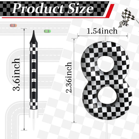 13 Pcs Racing Cars Themed Birthday Candles Black and White Race Number 8 Checkered Candle Cake Topper for Racing Car Party Decoration Supplies (13 Count)