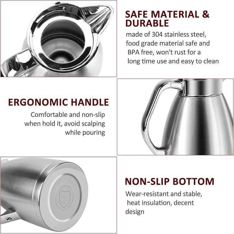 Coffee Carafes for Keeping Hot, ShineMe Stainless Steel Thermal Coffee Carafe with Cleaning Brush, Double Walled Vacuum Coffee Pot，61oz Insulated Tea & Coffee Dispenser, Long Heat/Cold Retention