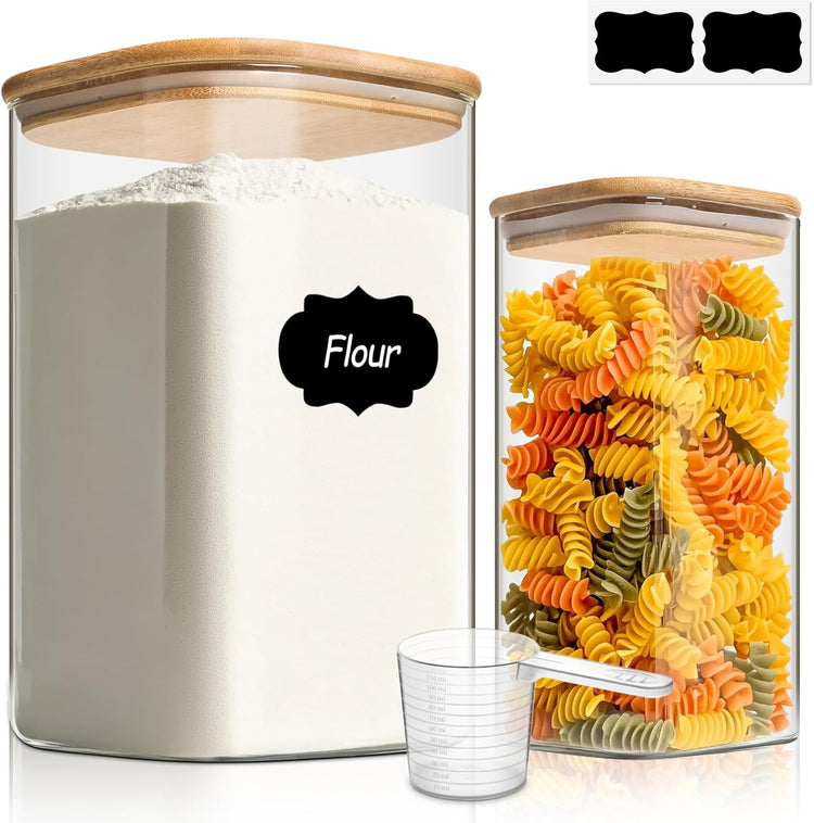 ComSaf Glass Pantry Storage Containers, 148/51 oz Large Square Flour and Sugar Containers with Airtight Lids, Gallon Glass Jars with Bamboo Lids for Rice, Pasta, Cookies, Coffee Beans