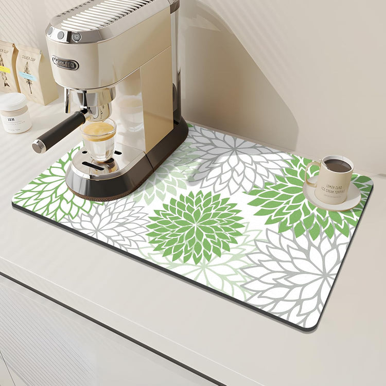 Findosom 2PCS 12" x 20" Dish Drying Mat & 24" x 5.5" Sink Splash Guard, Super Absorbent & Cuttable Dish Mat Drying Kitchen Mat with Green Floral, Hide Stain Drying Mat for Kitchen Counter