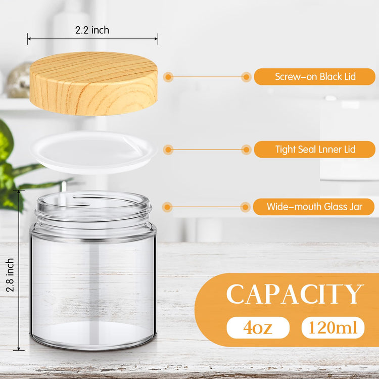 48 Pcs 4 oz Glass Jars with Lids Empty Small Glass Containers and Inner Liners Reusable Cosmetic Jars Round Airtight Bottles with Plastic Woodgrain Lids for Travel