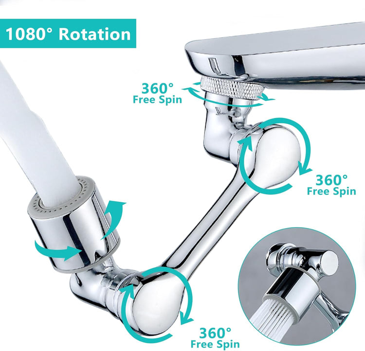 1080°Swivel Faucet Extender, Sink Water Faucet Aerator Extension in Brass, Swivel Robotic Arm Bathroom Faucet Extender, Kitchen Rotating Extension Filter with 2 Mode Splash