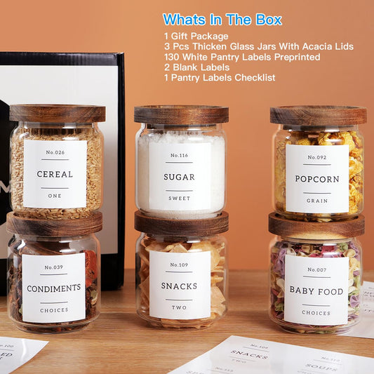 6 Set Glass Pantry Storage Jars with Acacia Airtight Lid