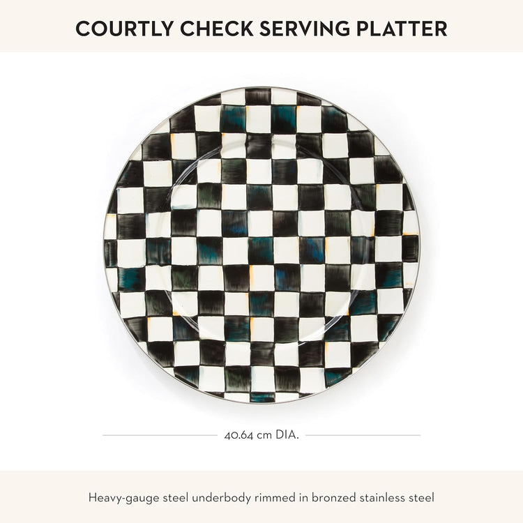 MACKENZIE-CHILDS Enamel Serving Platter, Decorative Serving Platter for Food, 16 Inches, Black-and-White Courtly Check